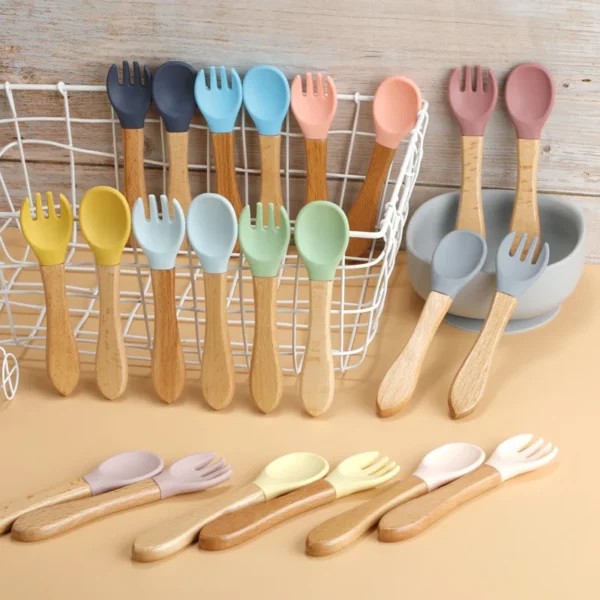 TYRY.HU 1Set Baby Silicone Fork Spoon Set Wooden Handle Children Silicone Feeding Fork Spoon Set Christmas Gift Birthday Gift - Image 4