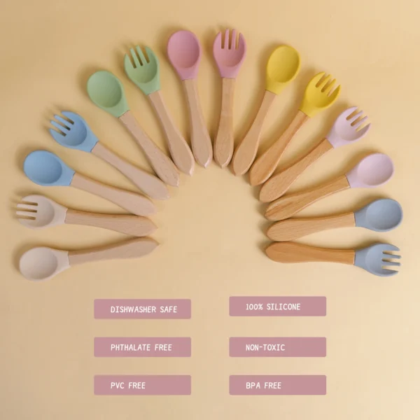 TYRY.HU 1Set Baby Silicone Fork Spoon Set Wooden Handle Children Silicone Feeding Fork Spoon Set Christmas Gift Birthday Gift - Image 11