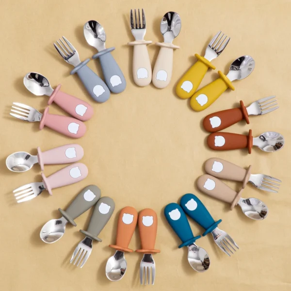 New Design Baby Feeding Solid Food Spoon Fork Set BPA Free Silicone Handle Cartoon Bear Stainless Utensil Children's Tableware