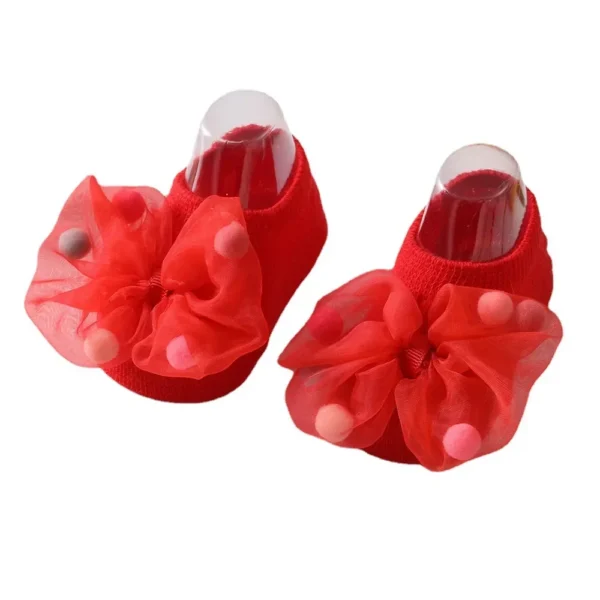 Korean Baby Pompom Gauze Socks with Bow for Girls Rubber Anti-slip Newborn Infant Princess Socks Little Girl Socks 0-3 Years Old - Image 5