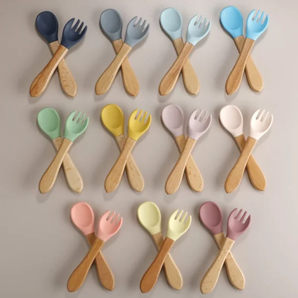 2pcs/set Tableware Baby Spoon Fork Set Children's Silicone Wooden Feeding Training Baby Dinnerware Cutlery Baby Feeding Supplies