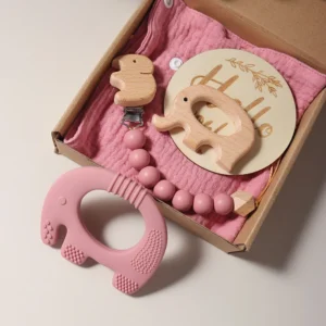 Baby bibs Gift Set With flamingo Teething Pacifier Chain Rattle wool brush New Born Baby Teether Set