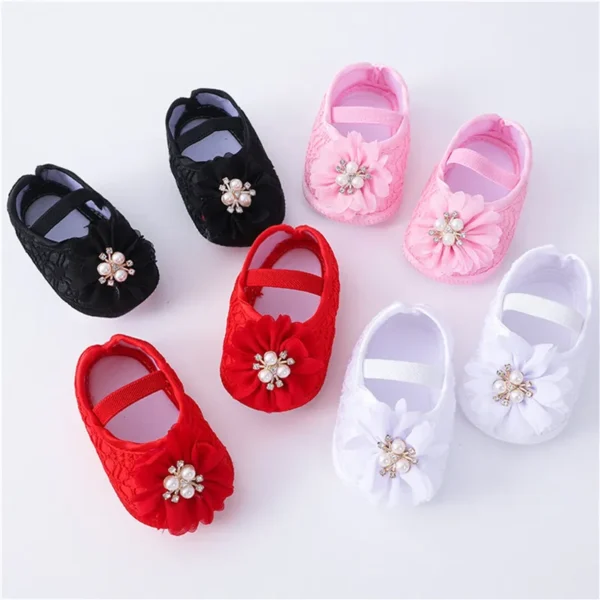 0-18months Baby Girls Shoes And Headband Soft Sole Non-Slip Pearl Flower Princess Wedding Dress Crib Shoes For Newborn Girls - Image 8