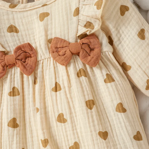 Baby Girls Summer Long Sleeve Printing Love With Bowknot For Casual Daily Cotton Jumpsuit - Image 4