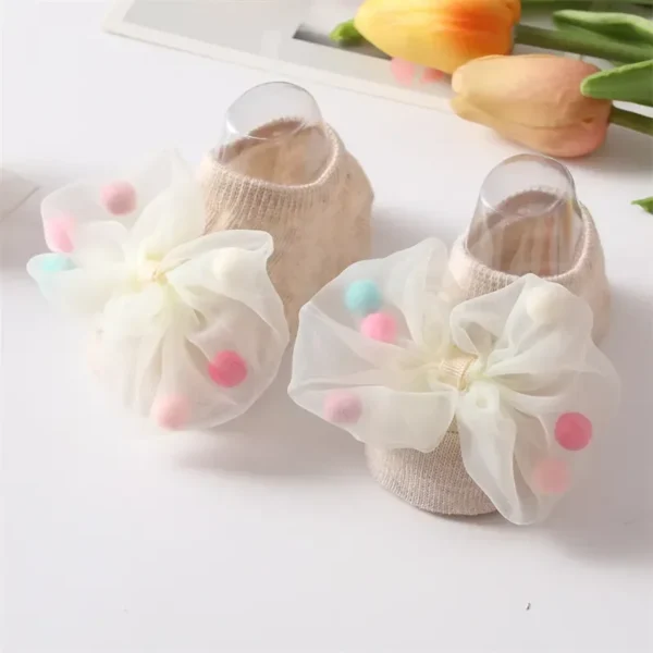 Korean Baby Pompom Gauze Socks with Bow for Girls Rubber Anti-slip Newborn Infant Princess Socks Little Girl Socks 0-3 Years Old - Image 6