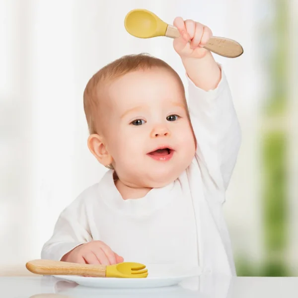 TYRY.HU 1Set Baby Silicone Fork Spoon Set Wooden Handle Children Silicone Feeding Fork Spoon Set Christmas Gift Birthday Gift - Image 3