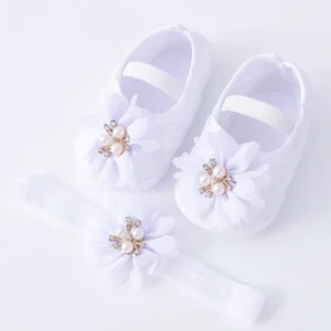 0-18months Baby Girls Shoes And Headband Soft Sole Non-Slip Pearl Flower Princess Wedding Dress Crib Shoes For Newborn Girls