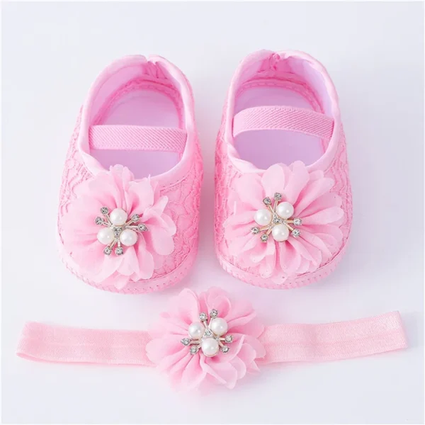0-18months Baby Girls Shoes And Headband Soft Sole Non-Slip Pearl Flower Princess Wedding Dress Crib Shoes For Newborn Girls - Image 6