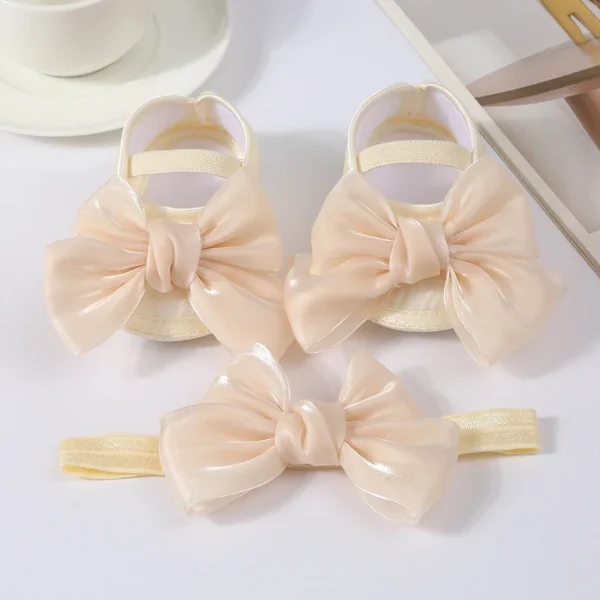 Baby Girls Baptism Shoes and Headband Shiny Bowknot Mary Jane Flats and Hairband Set 0-12M - Image 3