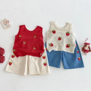 MILANCEl 2025 Summer Kids Clothing Set Strawberry Vest And Wide Leg Pants 2 Pcs Girls Suit Girls Clothes Suit
