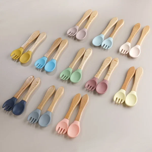 TYRY.HU 1Set Baby Silicone Fork Spoon Set Wooden Handle Children Silicone Feeding Fork Spoon Set Christmas Gift Birthday Gift - Image 8