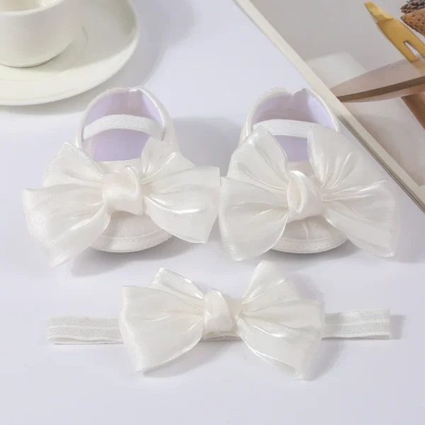 Baby Girls Baptism Shoes and Headband Shiny Bowknot Mary Jane Flats and Hairband Set 0-12M - Image 2