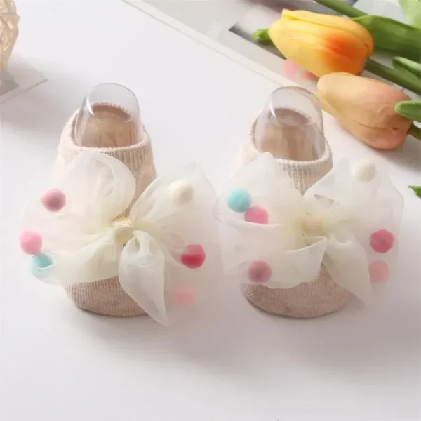 Korean Baby Pompom Gauze Socks with Bow for Girls Rubber Anti-slip Newborn Infant Princess Socks Little Girl Socks 0-3 Years Old - Image 2