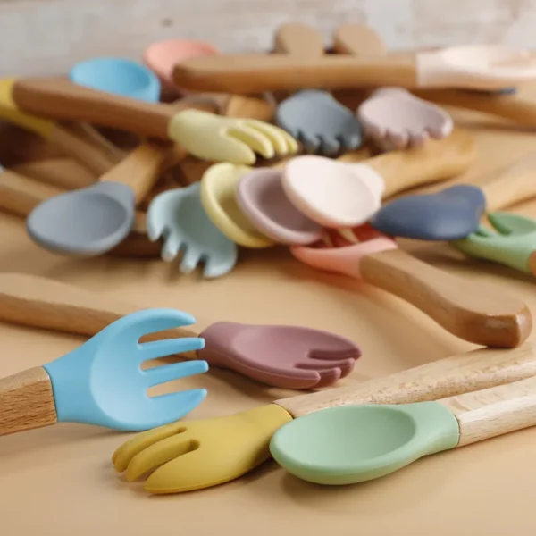 TYRY.HU 1Set Baby Silicone Fork Spoon Set Wooden Handle Children Silicone Feeding Fork Spoon Set Christmas Gift Birthday Gift - Image 7
