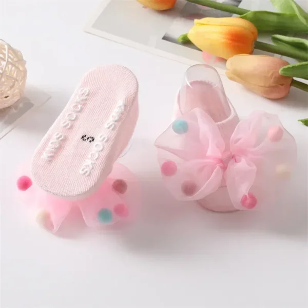 Korean Baby Pompom Gauze Socks with Bow for Girls Rubber Anti-slip Newborn Infant Princess Socks Little Girl Socks 0-3 Years Old - Image 4