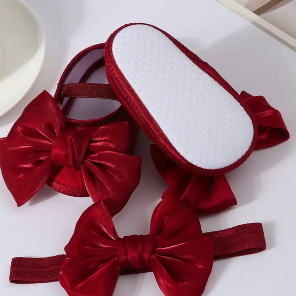 Baby Girls Baptism Shoes and Headband Shiny Bowknot Mary Jane Flats and Hairband Set 0-12M - Image 5