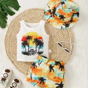 Casual Look For Baby Boys Summer Coconut Print Sleeveless Vest Dyed Hat Elasticated Waist Casual Pants Beach Chic