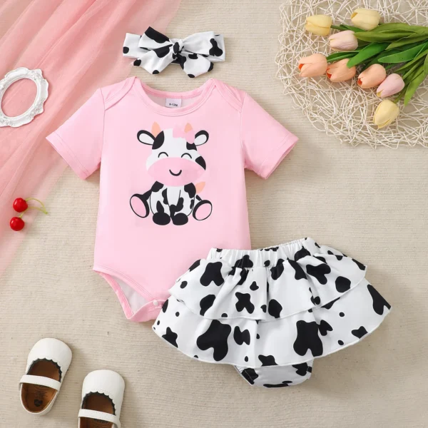 0-18 Months Newborn Baby girl 3Pcs/Set Cartoon Cute Little Cow Short sleeved+Skirt+Headband Set Baby girl Summer clothing