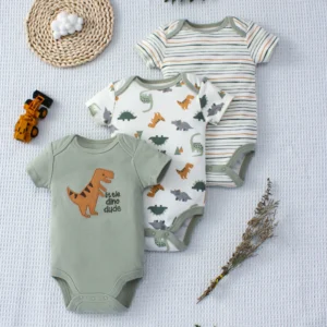 3PCS Summer Baby Bodysuit Three piece Set with Cartoon Dinosaur Pattern and Stripe Pattern Button Design for 0-9 Months Old Boys