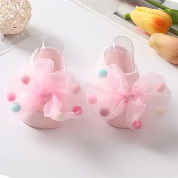 Korean Baby Pompom Gauze Socks with Bow for Girls Rubber Anti-slip Newborn Infant Princess Socks Little Girl Socks 0-3 Years Old - Image 3